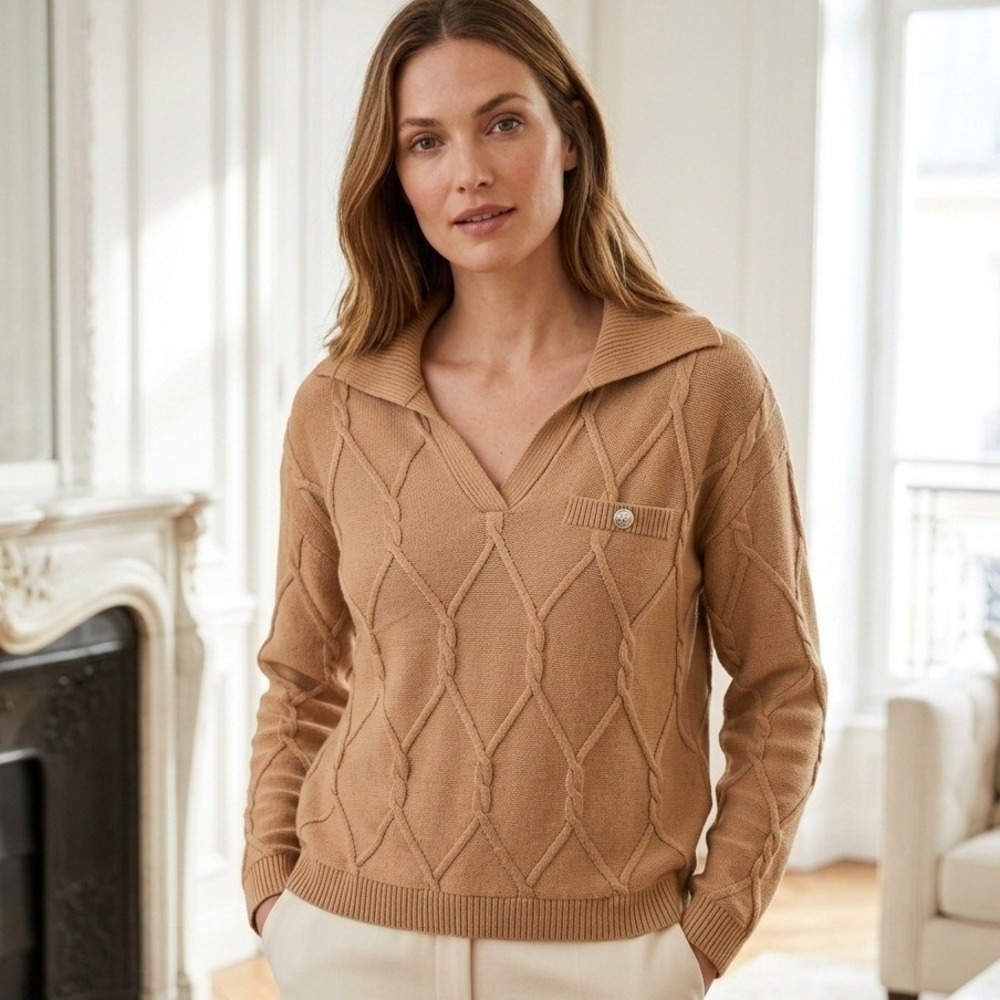 Talbots Cable Knit Sweater Womens Large Petite Tan Polo V-Neck Preppy Old Money